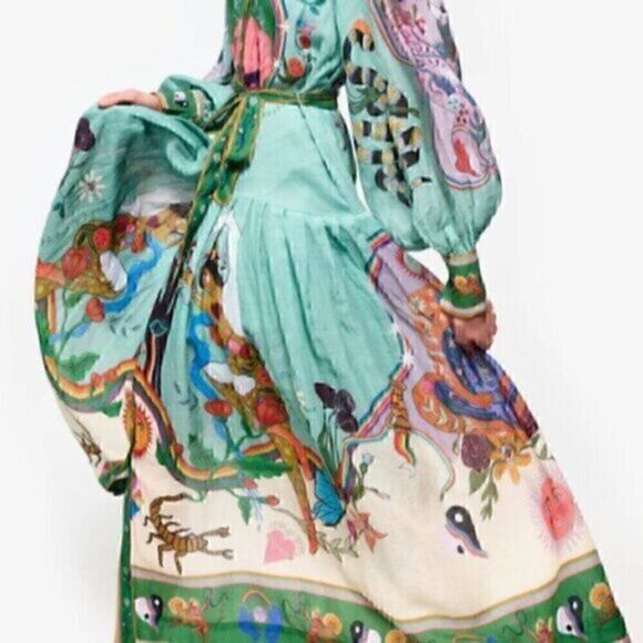 Green Colorful Art Long Balloon Sleeve Collar Button Down Midi Shirt Dress XL - Picture 2 of 16